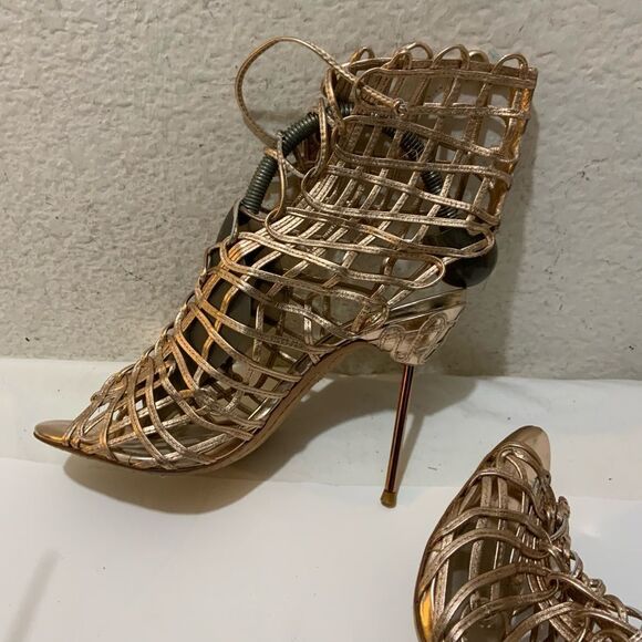 Sophia Webster Delphine Leather Gold /Caged Tie Lace Up Booties Heels 39 - Picture 10 of 15